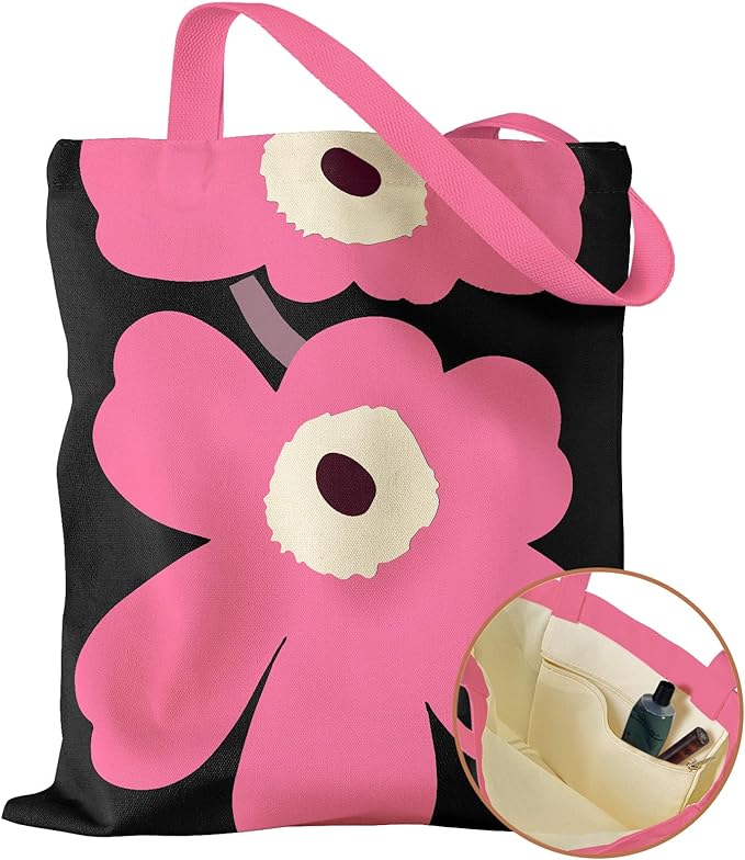 Aesthetic Canvas Tote Bag with Inner Pocket for Women, Cloth Cotton Totes Bag with Pattern for Shopping, Gym