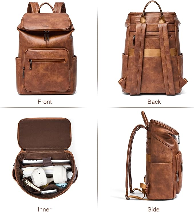 Leather Laptop Backpack for Women, 15.6 Inch Travel Backpack with Laptop Compartment, Casual Daypack Fashion Travel Backpack Purse for Travel College Work, Brown