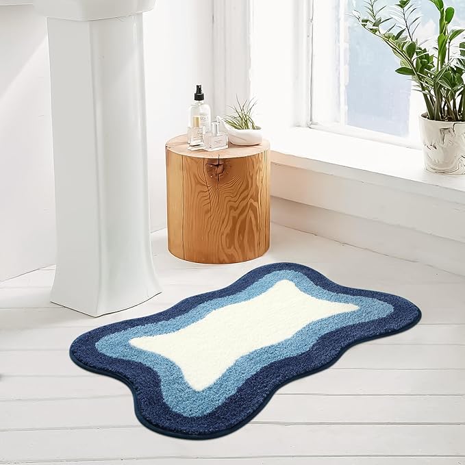 HAOCOO Bathroom Rugs 18x25 inch, Extra Soft Non Slip Blue Irregular Shape Bath Rugs, Microfiber Absorbent Washable Small Rug Bath Mats for Bathroom Floor Door Mat Tub Shower