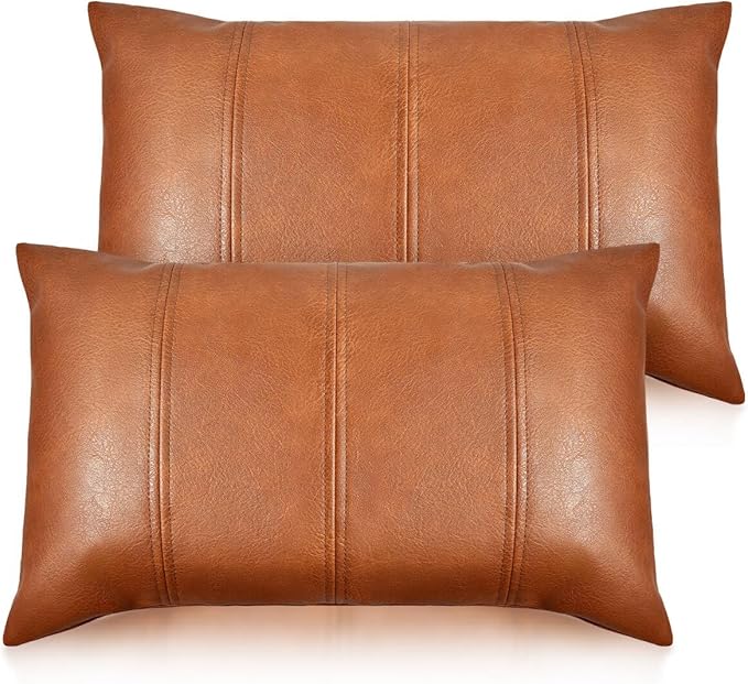 Faux Leather Throw Pillow Covers 12X20 Inch Set of 2 Brown Outdoor Modern Farmhouse Solid Decorative Pillow Covers for Room Couch Living Bedroom Bed Sofa