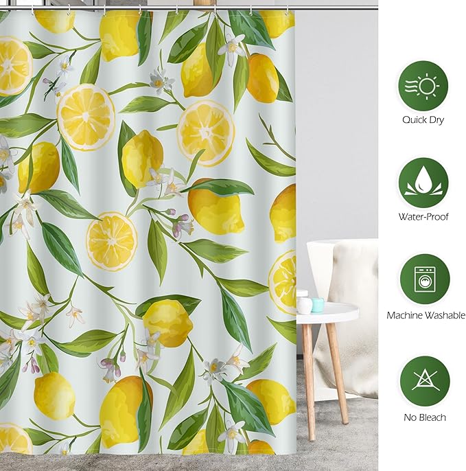 Aimego Lemon Fruit Shower Curtain - Yellow Lemon Green Leaves Plant Floral Modern Nature Fabric Cloth Bath Shower Curtain Set with 12 Hooks for Bathroom Decor Accessories, 72"x72"