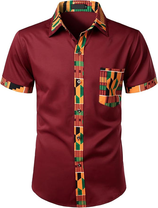 ZEROYAA Men's African Printed Patchwork Design Short Sleeve Button up Shirt