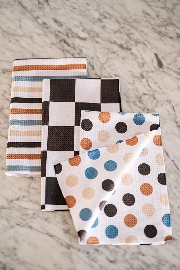 || 3 Pack Double Sided || Kitchen Towels || Dish Towels || Highly Absorbent || Hanging Loop || Dish Cloths || Modern || Designer Prints (Marigold/Mint)