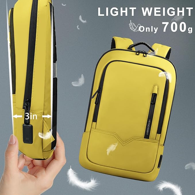 hk Backpack for Men Business Slim Backpack with USB Charger Computer Lightweight Anti-theft Travel Backpacks 15.6 inch Water Resistant Laptop Bag for Work Office College-Lemon Yellow