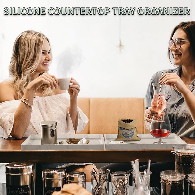 BBK Bathroom Vanity Tray 11.8 in- 2 Pack(Large) Silicone Bathroom Tray for Counter, Perfume Key Trinket Ring Tray, Decor Soap Dispenser Countertop Tray for Kitchen Sink Organization(Faux Marble Look)