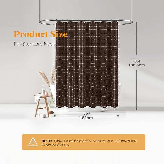 BTTN Boho Farmhouse Shower Curtain - Linen Rustic Heavy Duty Fabric Shower Curtain Set with Tassel, Water Repellent, Bohemian Vintage Country Thick Cloth Shower Curtains for Bathroom - Brown - 72x72