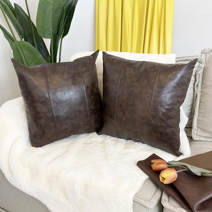 Faux Leather Throw Pillow Cover 18X18 Inch Set of 2 Outdoor Modern Farmhouse Solid Decorative Pillow Covers for Room Couch Living Bedroom Bed Sofa
