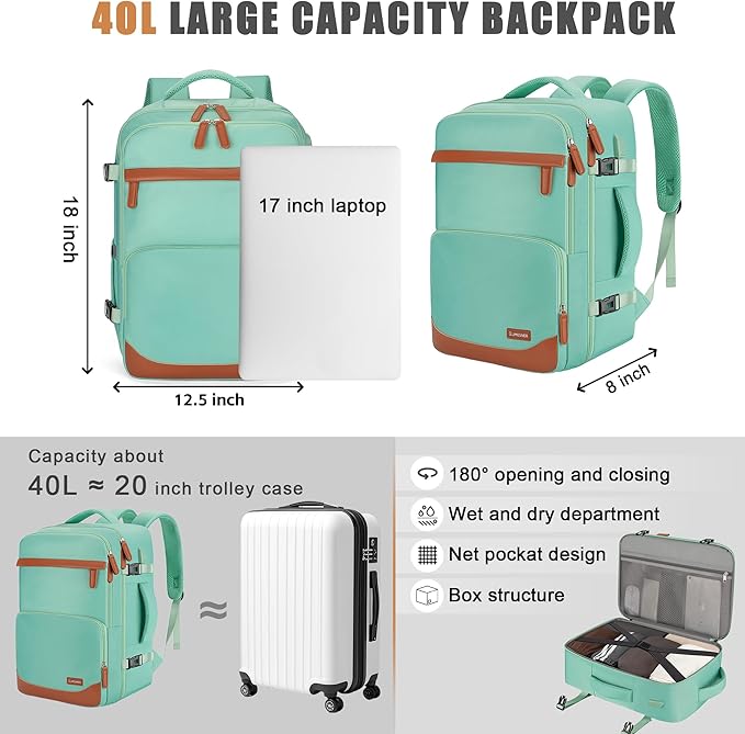 40L Travel Backpack with USB Charging Port, Water-Resistant Carry On Backpack for Men Women, Business Laptop Backpack for Trips & Commutes, Fits 15.6/17.3 Inch Laptop