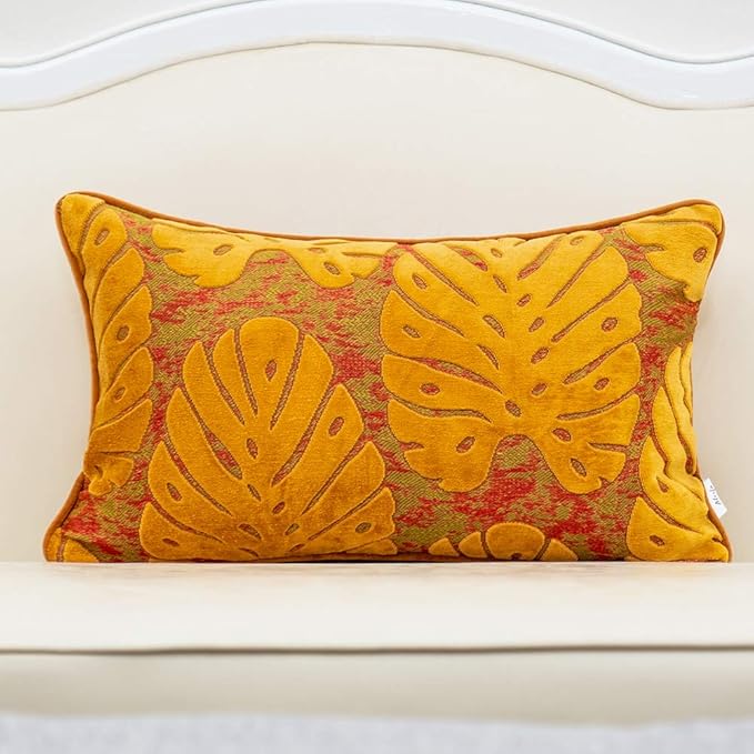 Alerfa 12 x 20 Inch Rectangle Leaf Pillow Embroidery Cut Velvet Cushion Case Luxury Modern Lumbar Throw Pillow Cover Decorative Pillow for Couch Sofa Living Room Bedroom Car, Orange
