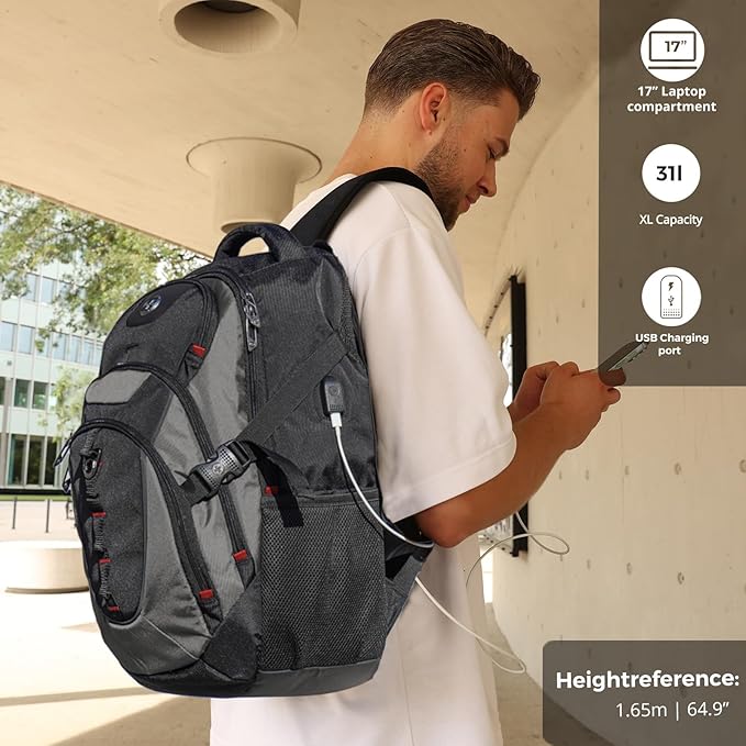 Swissdigital Design Laptop Backpack with USB Charging Port, Travel Backpack Fits 15.6 inches Computer, 31L College School Backpack for Men, Black/Grey | SD803