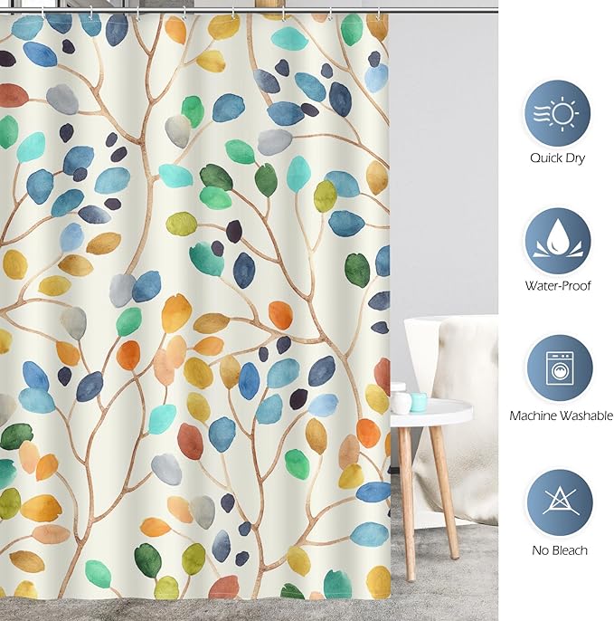 Aimego Colorful Spring Shower Curtain - Watercolor Plant Leaves Floral Summer Nature Botanical Fabric Cloth Bath Shower Curtain Set with 12 Hooks for Bathroom Decor Accessories, 72"x72"