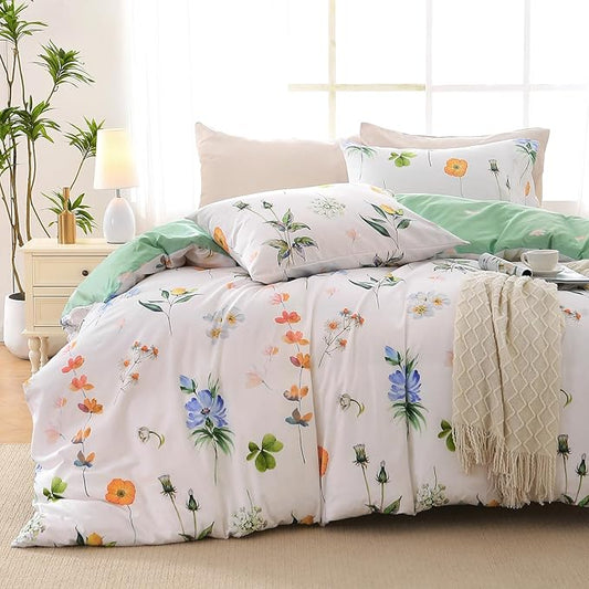 Duvet Cover Full Size, Reversible Floral Multicolor Duvet Cover Set with Zipper Closure, 3 Pieces Botanical Patterns Soft Microfiber Bedding Set with 4 Ties (80"x90", 2 Pillow Cases)