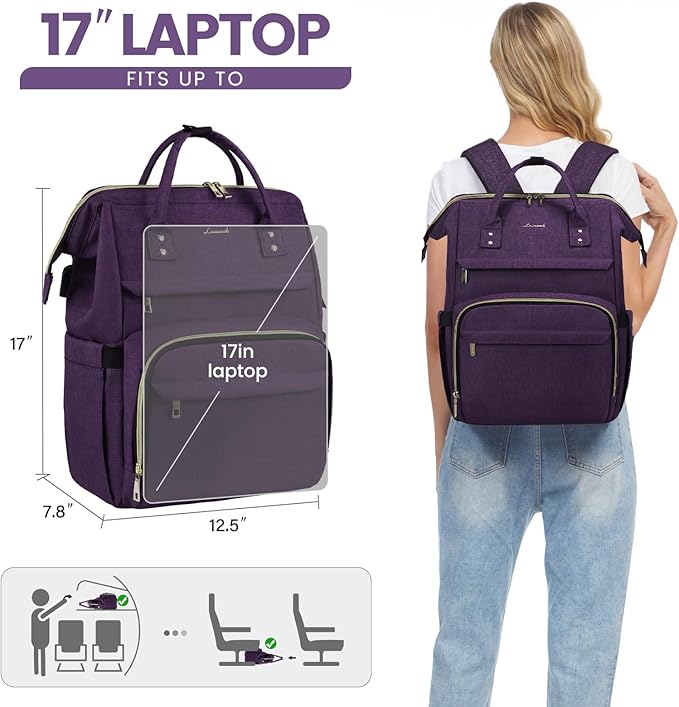 LOVEVOOK Laptop Backpack for Women,17 Inch Professional Womens Travel Backpack Purse Computer Laptop Bag Nurse Teacher Backpack,Waterproof Work Bags Carry on Back Pack with USB Port,Dark Purple