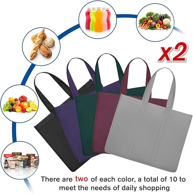 WISELIFE Reusable Grocery Shopping Bags 10 Pack Large Foldable Tote Bags Bulk,Eco Produce Bags with Long Handle for Shopping Groceries Clothes(5 Assorted Colors)