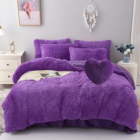 MorroMorn 5 PCS Plush Shaggy Duvet Cover Sets, Luxury Shag Fluffy Comforter Cover Fuzzy Bedding Set - Long Faux Fur Ultra Soft Cozy (Lavender, King/California King)