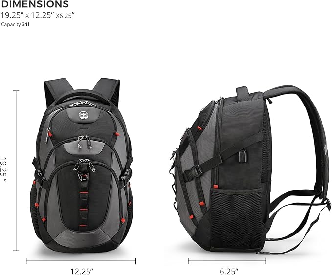 Swissdigital Design Laptop Backpack with USB Charging Port, Travel Backpack Fits 15.6 inches Computer, 31L College School Backpack for Men, Black/Grey | SD803