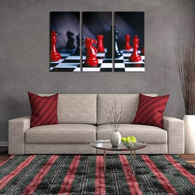 3 Piece Canvas Wall Art - Red and Black Chess Pieces Shot On Black and White Chess Board - Modern Home Decor Stretched and Framed Ready to Hang (24''H x 36''W)