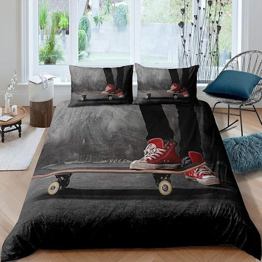 Feelyou Youth Skateboard Comforter Cover Set Boys Teenage Sports Theme Duvet Cover Hippie Skater Bedding Set 2 Pillowcases King Size