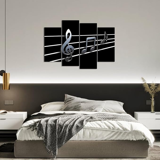 Biuteawal Music Wall Art Modern Musical Note Canvas Prints 4 Panels Stretched and Framed Black White Notes Beating on Staff Picture Decor Artwork for Party Home Living Room Bedroom Ready to Hang