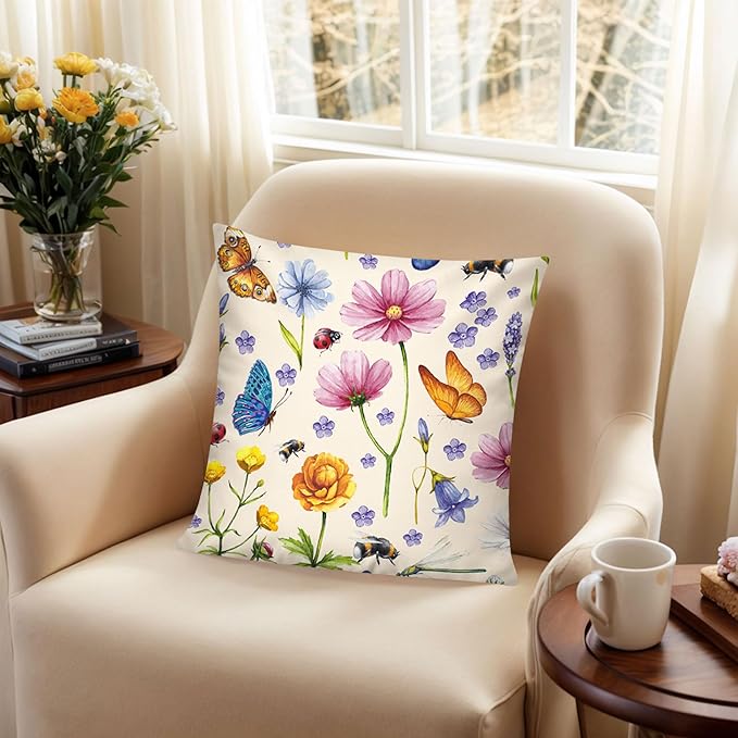 COMMINY Red Pink Flower Pillow Cover 18x18 Set of 6 Summer Throw Pillow Covers Colorful Floral Cushion Covers for Couch Sofa Living Room Home Decor