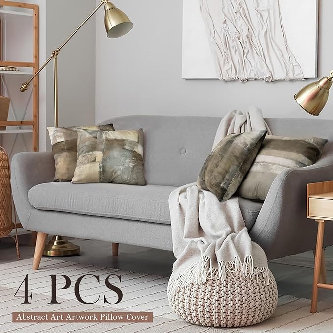 Brown Tan and Gray Throw Pillow Covers,Set of 4 16X16 Inch Taupe Modern Art Abstract Painting Home Decor Couch Pillow Covers Neutral Decorative for Sofa Bedroom Living Room