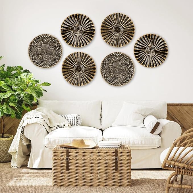 12" Wall Décor Pack of 3 Metal Gold & Black Washed Starbursts Radial Plate Wall Art Modern Accent Hanging Wall Decorations For Home Office Bedroom Or Living Room Wall Sculptures