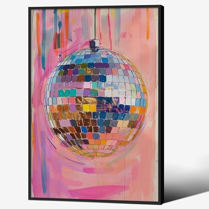 Retro Pink Disco Ball Posters Cool Y2k Aesthetic Canvas Wall Art 24x36 inch Black Framed Fashion Pink and Orange Disco Ball Painting Prints for Girly Wall Decor