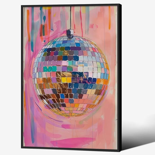 Retro Pink Disco Ball Posters Cool Y2k Aesthetic Canvas Wall Art 16x24 inch Black Framed Fashion Pink and Orange Disco Ball Painting Prints for Girly Wall Decor