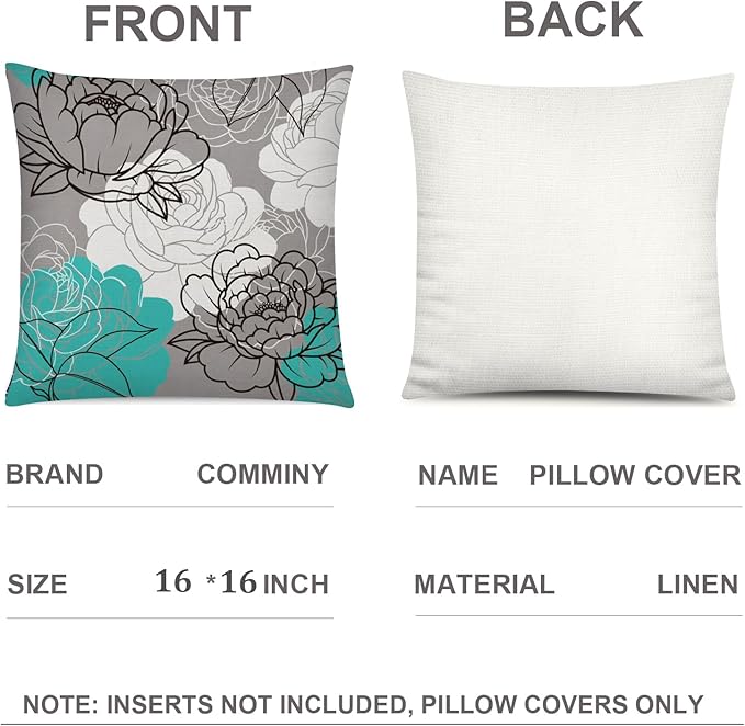 COMMINY Teal Grey Pillow Covers 16x16 Set of 6 Decorative Daisy Flower Throw Pillow Cover for Couch Modern Turquoise Pillow Case for Patio Living Room Cushion Bed Farmhouse Home Decor