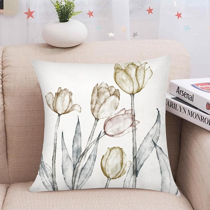 COMMINY Sage Green Flower Pillow Cover 18x18 Set of 6 Minimalist Modern Throw Pillow Cover Square Cushion Covers for Couch Sofa Living Room Home Decor