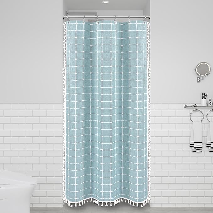 BTTN Boho Shower Stall Curtain - 36x72 Narrow Linen Ultra Thick Tassel Fabric Cloth Shower Curtain Set with 6 Plastic Hooks, Half Small Modern Farmhouse Country Shower Curtains for Bathroom, Fog Blue