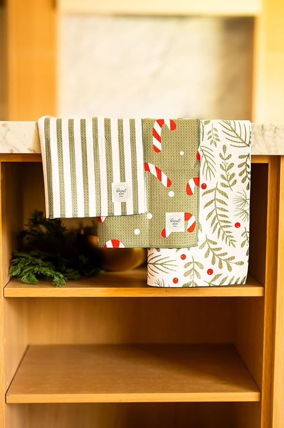 || 3 Pack|| Double Sided || Not Your Ordinary Dish Towels || Waffle Weave Microfiber|| Highly Absorbent || Hanging Loop || Dish Cloths || Modern || Designer Prints (Christmas Holly)