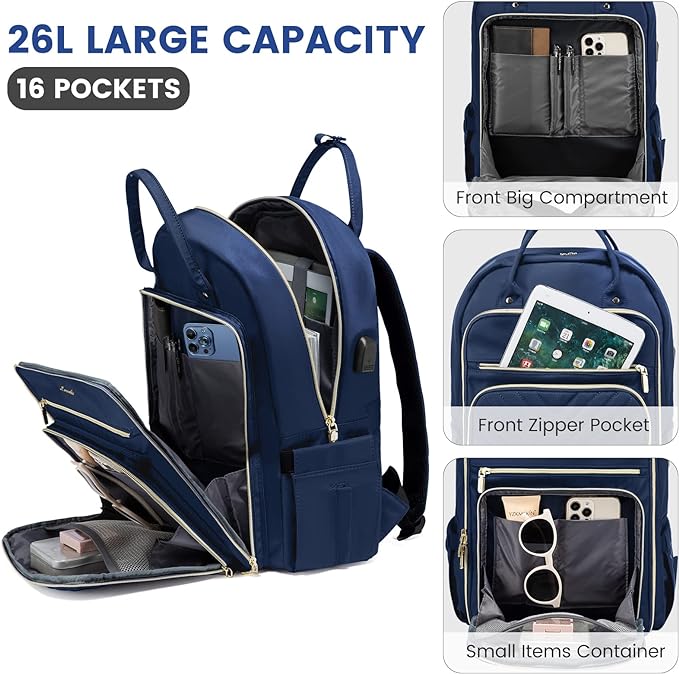LOVEVOOK 15.6 Inch Laptop Backpack for Women,Fashion Work Travel Backpack,Waterproof Day Pack Purse for Teacher Nurse, Navy Blue.