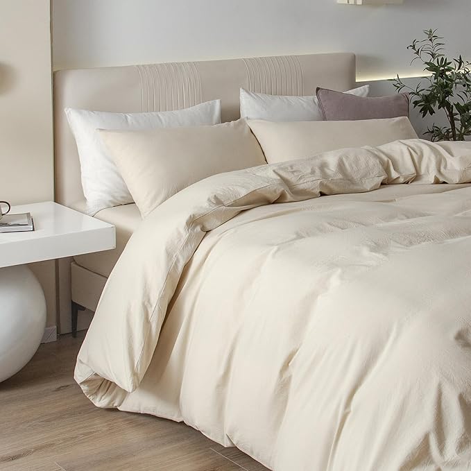 JIYUAN 100% Washed Cotton Duvet Cover Set 2 Pieces Twin, 1 Duvet Cover 68x90 Inches(Comforter Not Included) and 1 Pillowcases,Linen Feel Bedding Set Comfy and Breathable,Heathered Beige