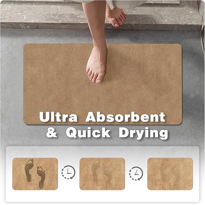 Bathroom Mat Quick Dry, Bathroom Rugs Non Slip Washable Thin Absorbent Bath Mat Fits Under Door Bathroom Floor Mat Perfect for Bath, Shower, or Sink 20"x30" Camel