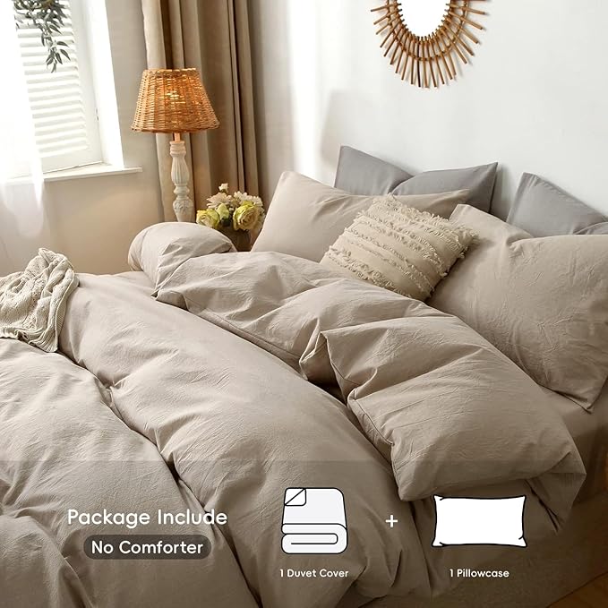 MooMee Bedding Duvet Cover Set 100% Washed Cotton Linen Like Textured Breathable Durable Soft Comfy (Heathered Taupe, Twin 68"x90")