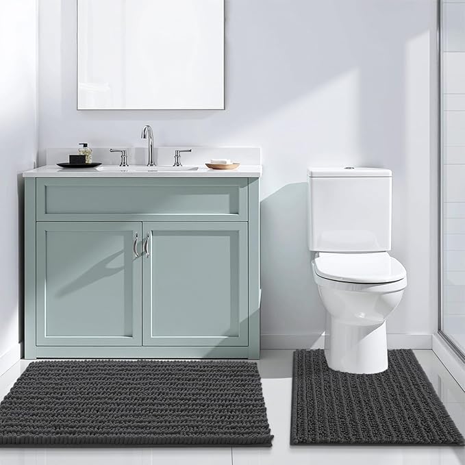 Arotive Luxury Chenille Bathroom Rug Mat, Extra Soft Thick Absorbent Shaggy Bath Rugs, Non-Slip Machine Wash Dry, Plush Bath Mats for Bathroom, Shower and Tub, 54x24, Dark Grey