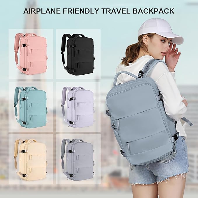 coowoz Large Travel Backpack For Women Men,Carry On Backpack Flight Approved,Hiking Backpack Waterproof Outdoor Rucksack Casual Daypack Fit 15.6 Inch Laptop Shoes Compartment (Gray Blue-L)