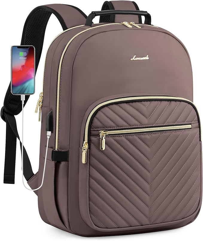 LOVEVOOK Laptop Backpack Purse for Women, Large Capacity Travel Business Computer Work Bag, Quilted Casual Nurse Backpack for Womens, Fit 15.6 Inch Laptop with USB Port, Brown