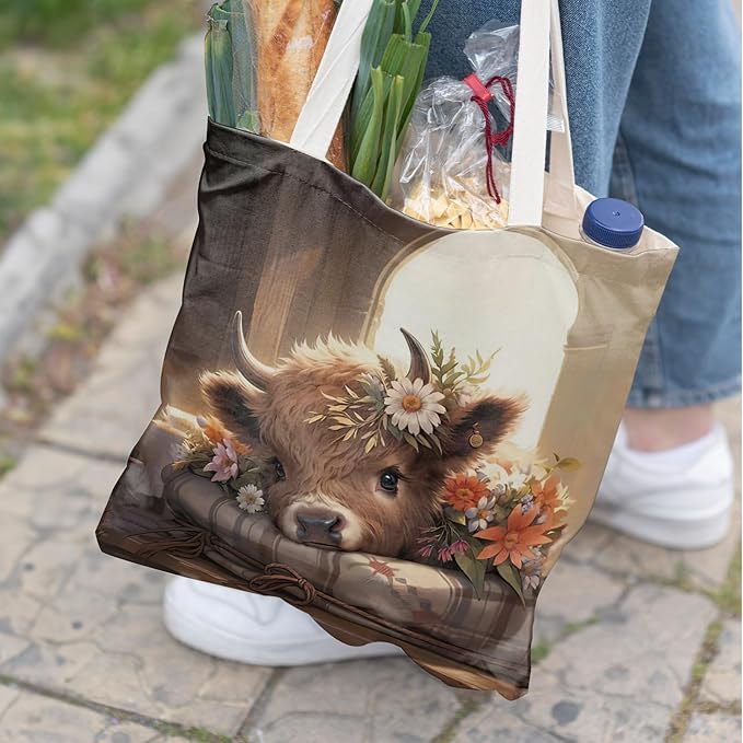 Western Highland Cow Canvas Tote Bag - Highland Cow Lover Gifts,Canvas Shoulder Bag for Women for Girls