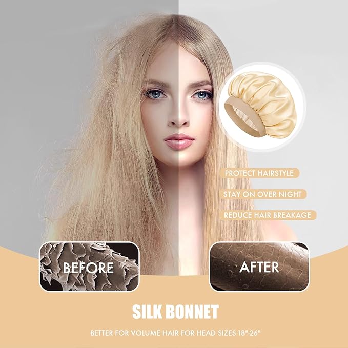 Satin Silk Bonnet for Sleeping, Double Layer Silk Sleep Cap for Men & Women, Soft Satin Lined Bonnet for Natural & Curly Hair(Champagne)