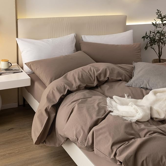 JIYUAN 100% Washed Cotton Duvet Cover Set 3 Pieces Oversized King, 1 Duvet Cover 120x98 Inches(Comforter Not Included) and 2 Pillowcases,Linen Feel Bedding Set Comfy and Breathable,Light Brown