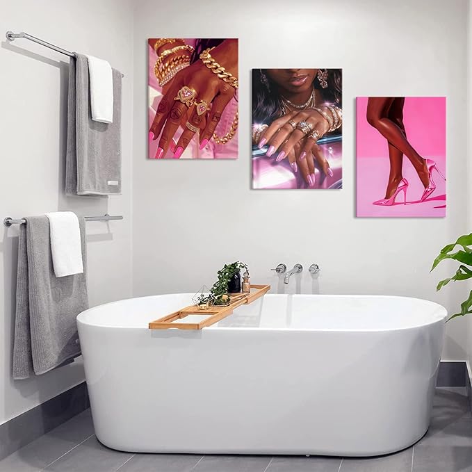 Pink Fashion Black Girl Canvas Wall Art Set of 3 African American Black Woman Posters Wall Decor Fashion Black Woman Pictures Prints for Living Room Bedroom Artwork Home Decoration 12x16Inch Framed