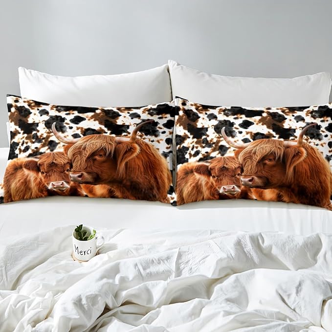 Highland Cow Duvet Cover Set Twin Size, Ink Milk Cow Skin Fur Print Tribal Tie Dye Comforter Cover with 1 Pillow Sham, Rustic Vintage Western Wild Animal Bedding Sets for Kids, Brown, (No Comforter)