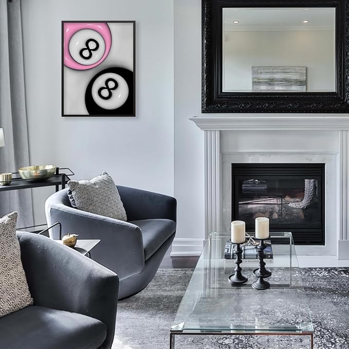 Trendy Pink and Black 8 Billiards Balls Poster Retro Pool Ball Couple Wall Art Y2K Aesthetic Canvas Prints 16x24 inch Black Framed Preppy Room Wall Decor for Billiard Hall College Dorm