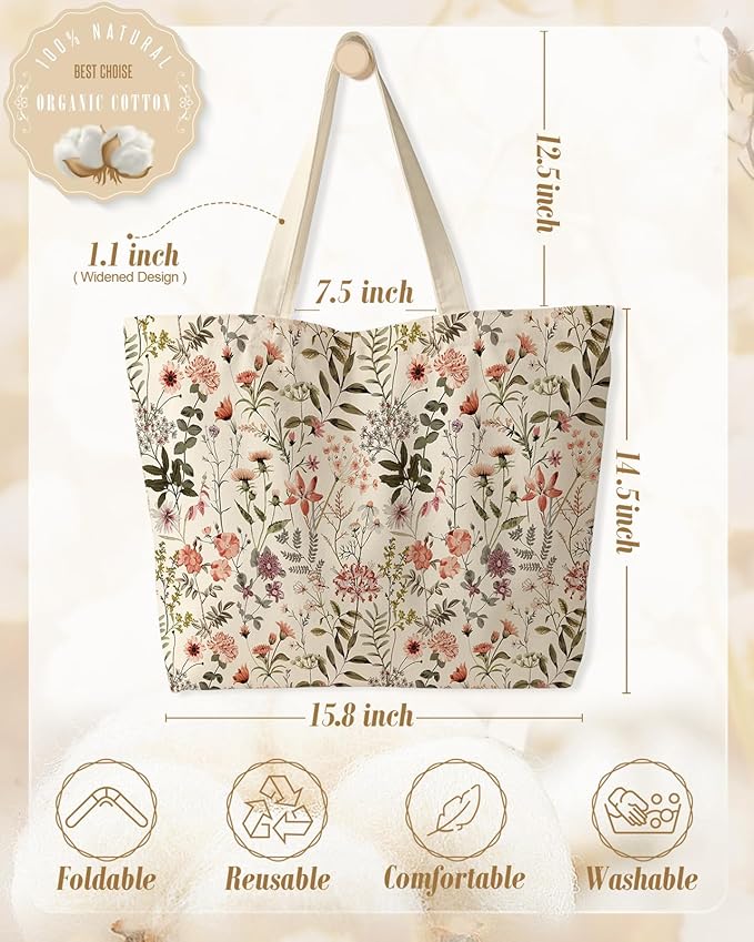 Large Tote Bag for Women - Canvas Tote Bag with Zipper Aesthetic Reusable Shoulder Bag for Gym, Travel, Work