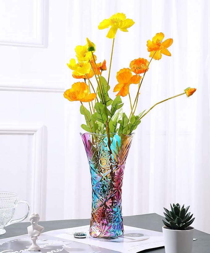 Crystal Glass Colorful Vase,Glass Flower Vase Decor for Home Dining Table Living Room,Office Wedding Holiday Party,Handmade Pattern(Sun Flower)