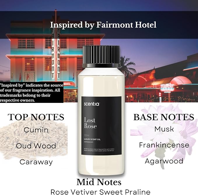 Hotel Diffuser Oil Inspired by Fairmont Hotel Scent - 120 mL 4.06 fl oz - Refill Diffuser Oil Blend Rose, Oud Wood & Clove Notes for Aromatherapy Diffusers - Lost Rose, Mothers Day Gift