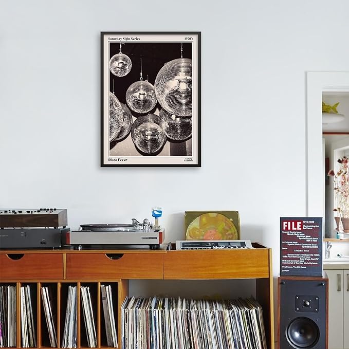 70s Disco Ball Newspaper Wall Art Vintage Black and White Art Posters 16x24 inch Black Framed Funky Aesthetic Canvas Prints Retro Bar Cart Decor for Bar Bedroom