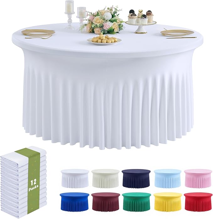 Outpain 12 Pack Spandex 72in/6FT White Round Tablecloths, Stretchy 132inch Fitted 6FT Round Table Cloths, Wrinkle Free Table Cover with Skirt for Wedding Party Dining Banquet